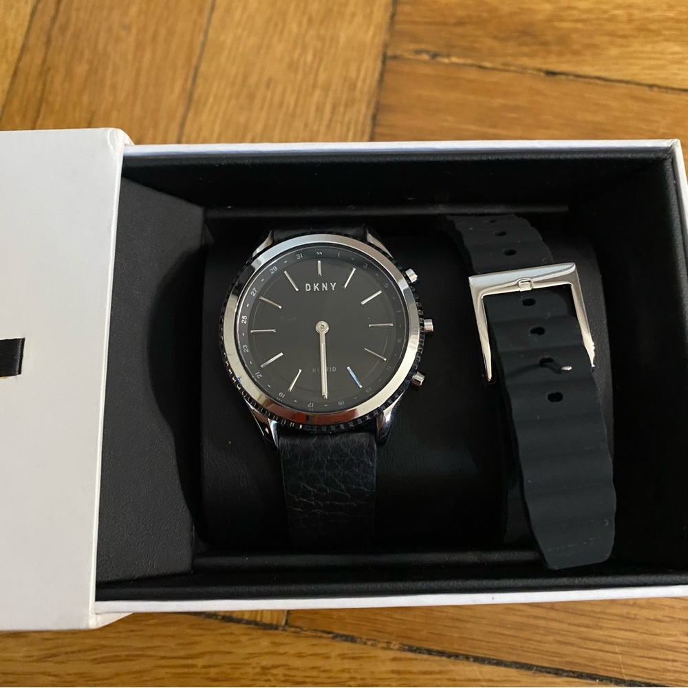 DKNY Woodhaven NYT6100 Womens Black Leather Analog Dial Hybrid Smart Watch